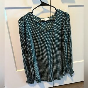 Loft dotted long sleeve blouse green blue turquoise medium